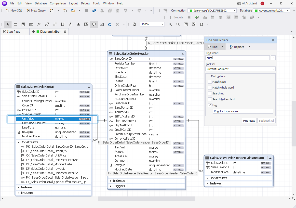 dbForge Studio for SQL Server is displaying the Find and Replace window searching for 'LastName' within a database diagram of related tables.