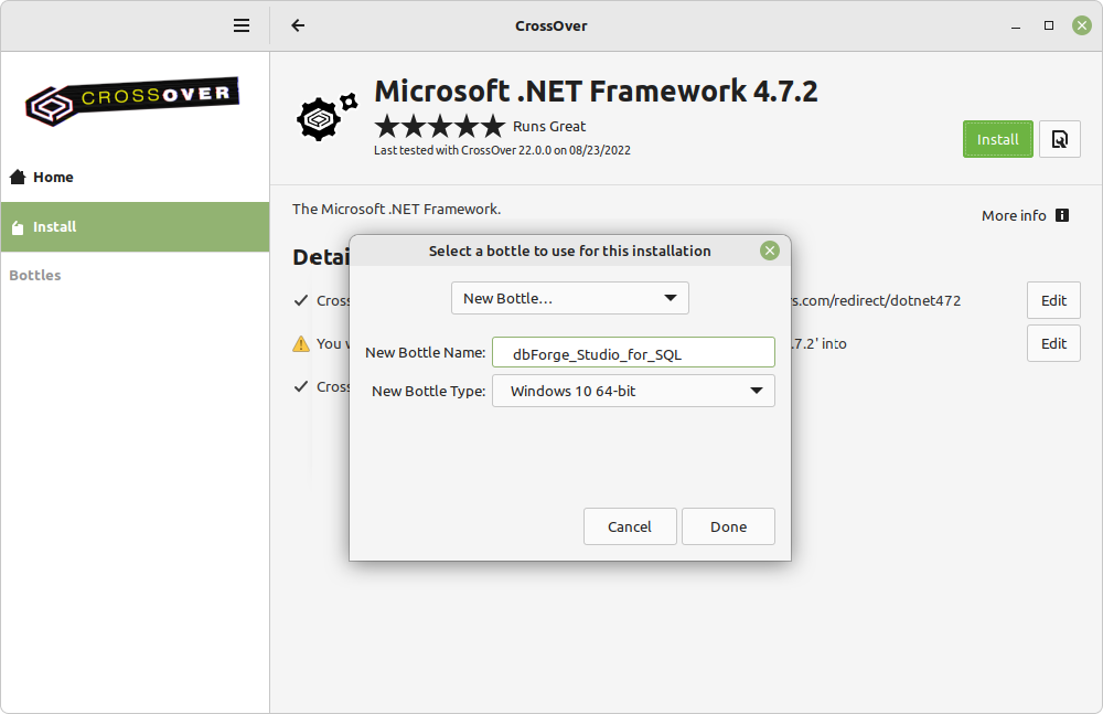 Select a bottle to use for this installation
