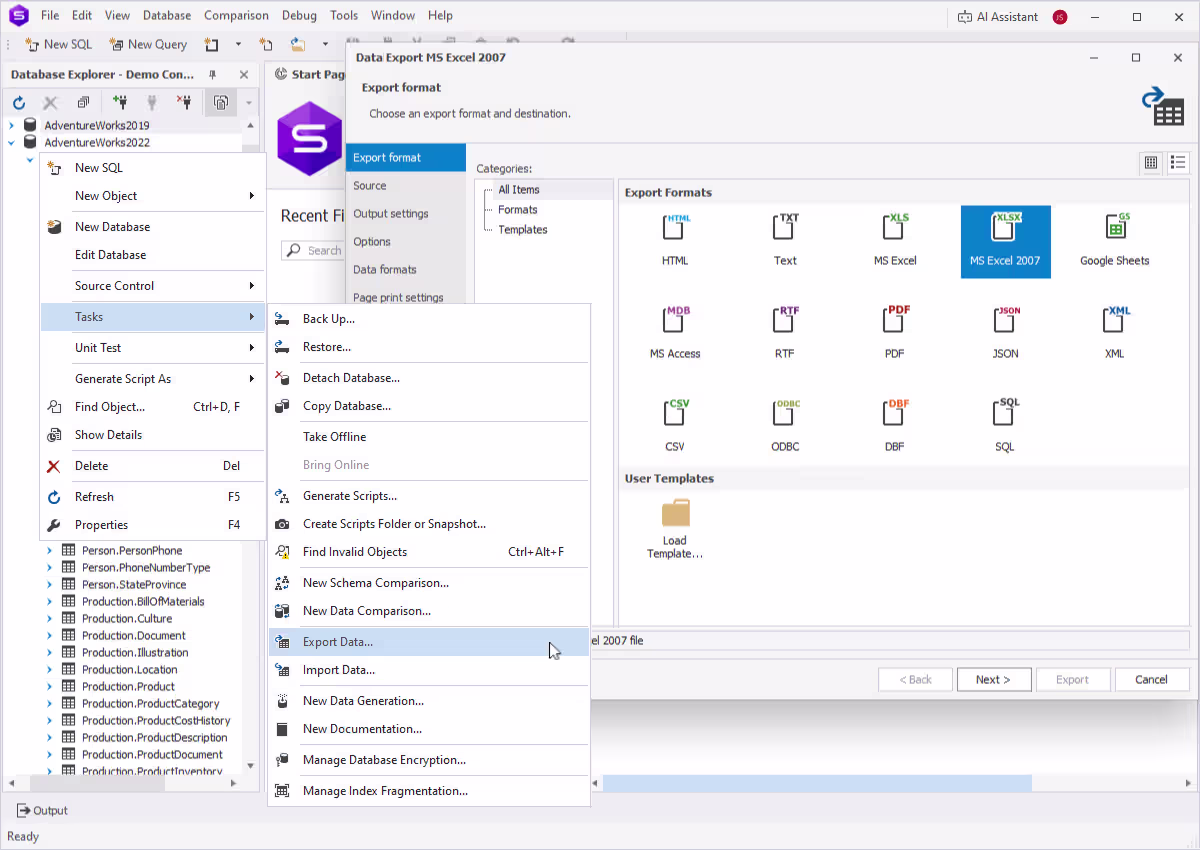 Data export tool for SQL Server - SQL export to 14 formats