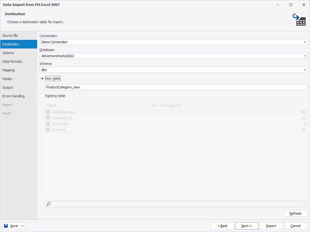 SQL Server data import tool - Destination