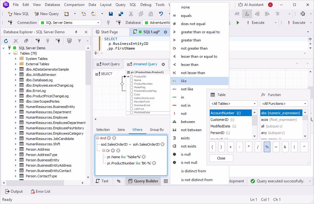 dbForge Studio Query Builder for SQL LIKE operations