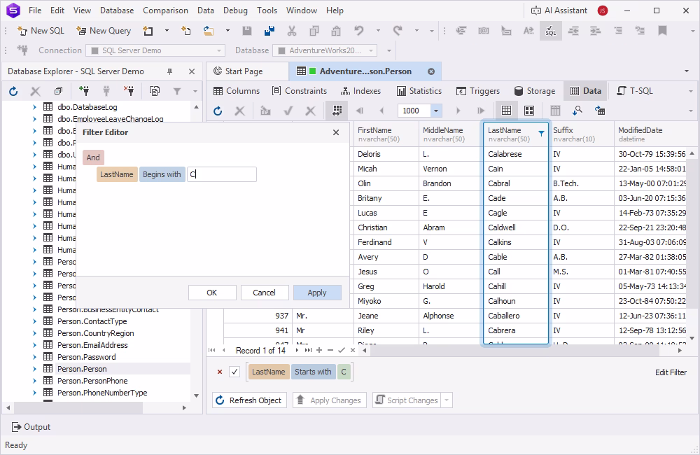 Filtering objects in dbForge Studio Object Viewer using SQL LIKE operator