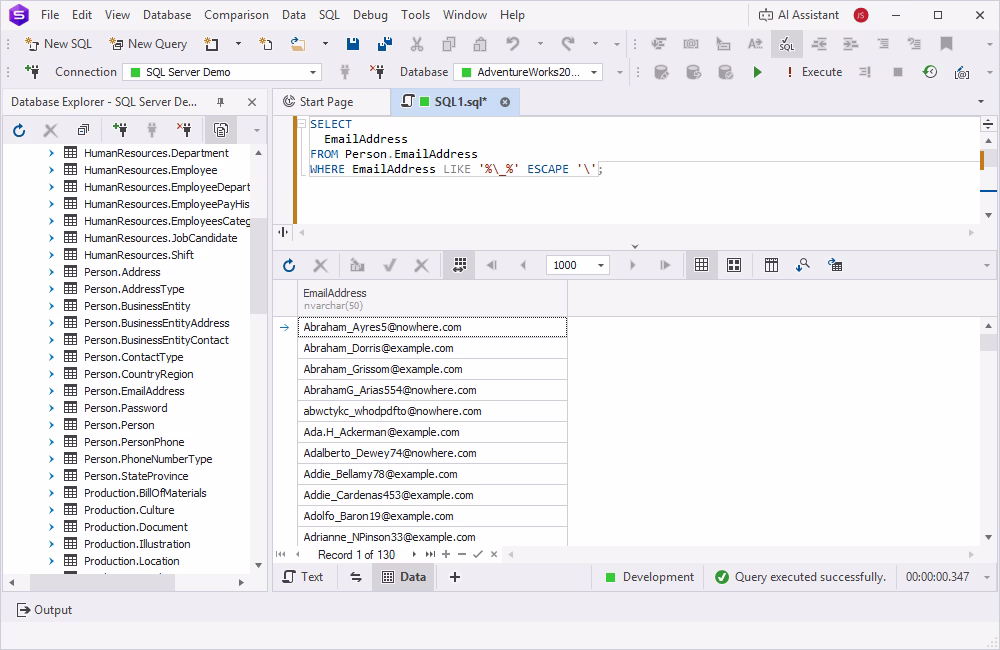 SQL Server LIKE query demonstrating escape characters