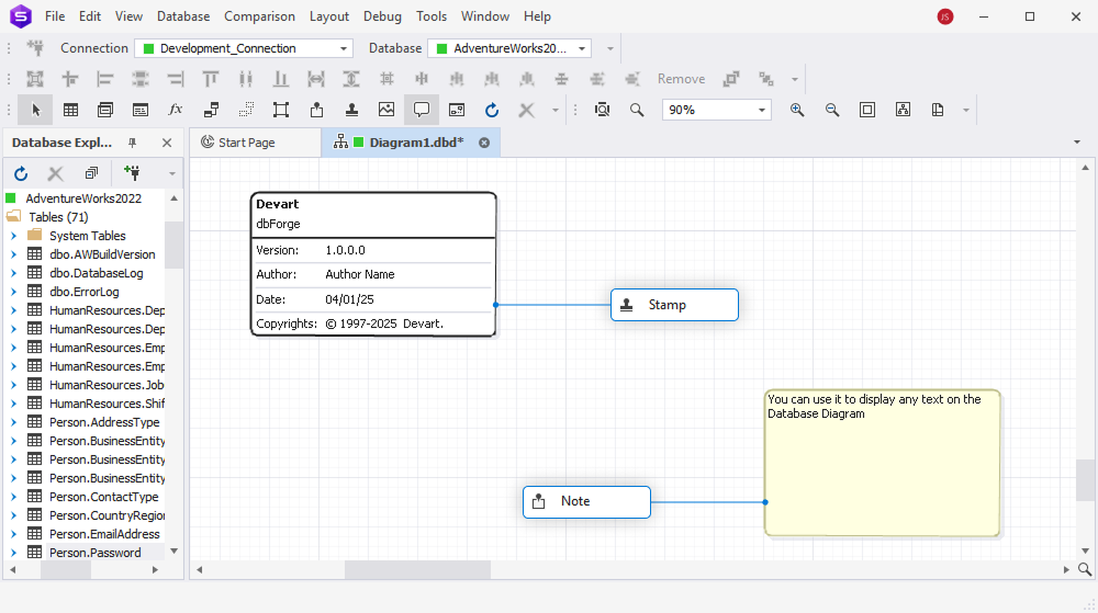 dbForge Studio for SQL Server is showing a database diagram with Stamp and Note elements containing metadata and custom text annotations