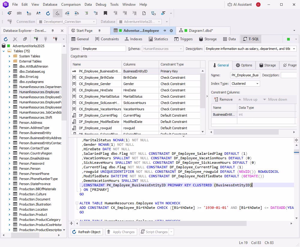 dbForge Studio for SQL Server is showing the Employee table constraints, including primary and check constraints, with SQL code editor below