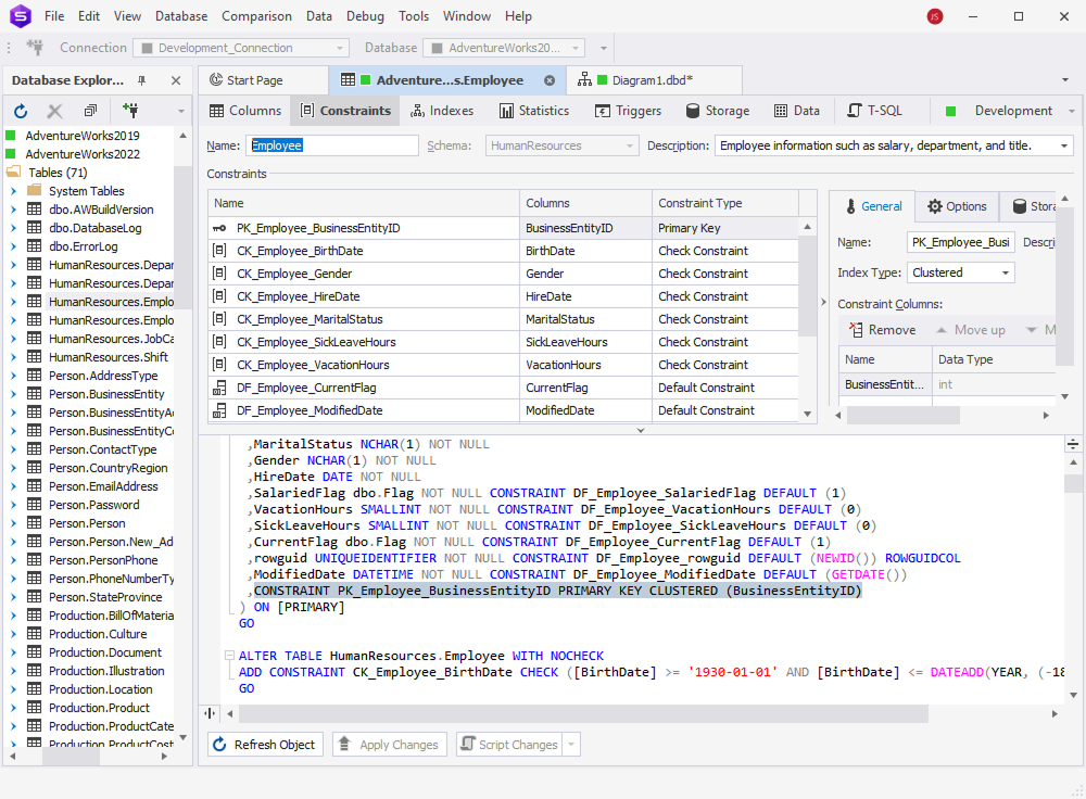 dbForge Studio for SQL Server is showing the Employee table constraints, including primary and check constraints, with SQL code editor below