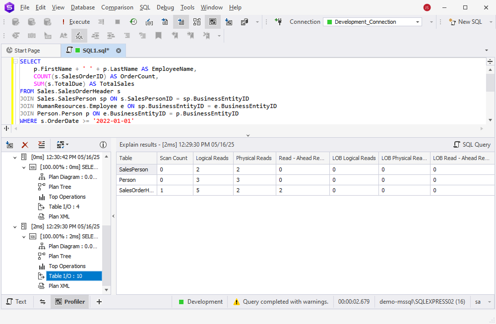 Compare query differences in the profiling results grid