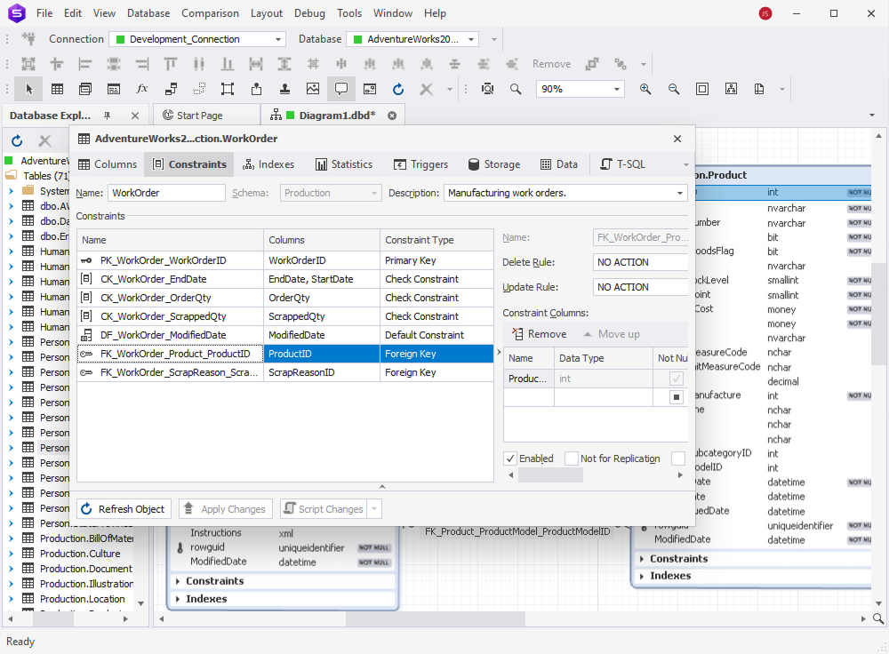 dbForge Studio for SQL Server is displaying WorkOrder table constraints, including primary, check, and foreign key relationships in Design view