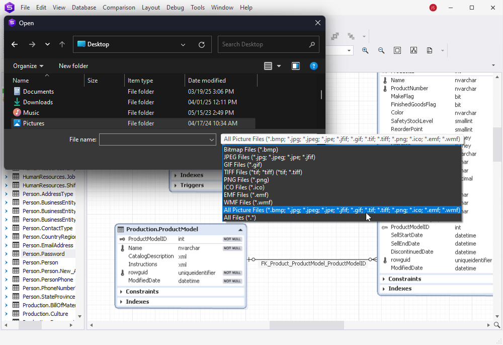 dbForge Studio for SQL Server is showing an open file dialog with image export options like BMP, JPG, PNG, GIF, TIFF, ICO, EMF, and WMF