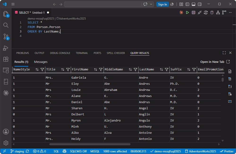 MSSQL extension in Visual Studio Code