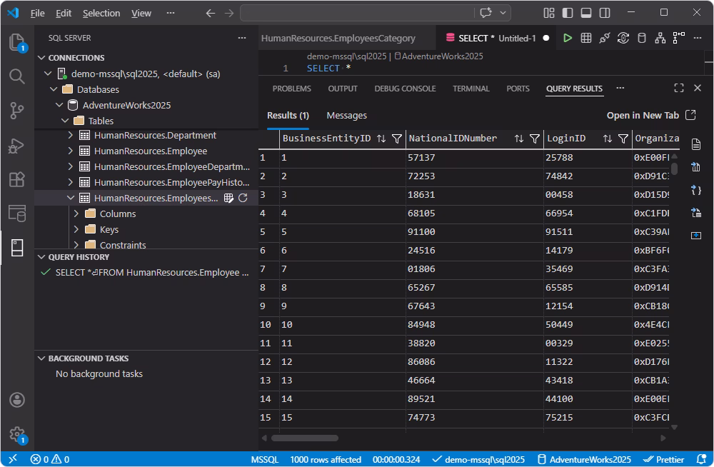 VS Code - SQL query