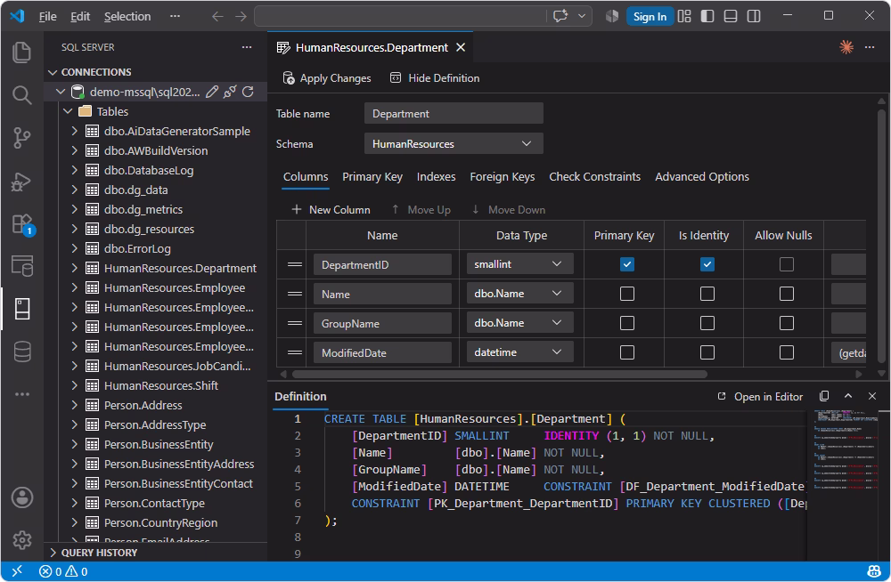 SQL Server (mssql) extension query editor in VS Code