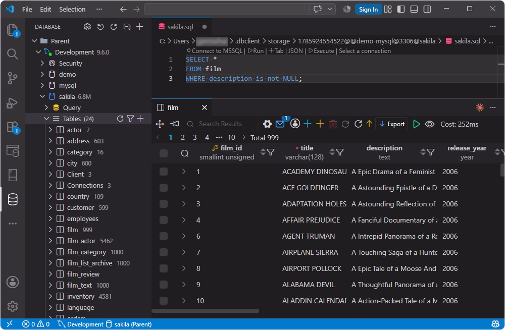Database Client extension displaying a table in VS Code