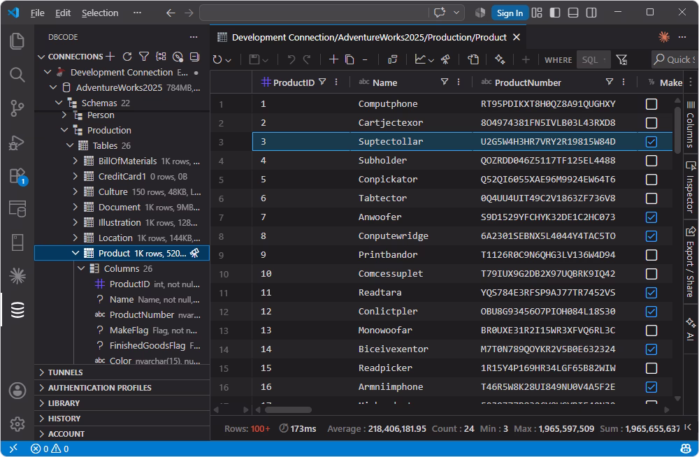 DBCode database client running inside VS Code