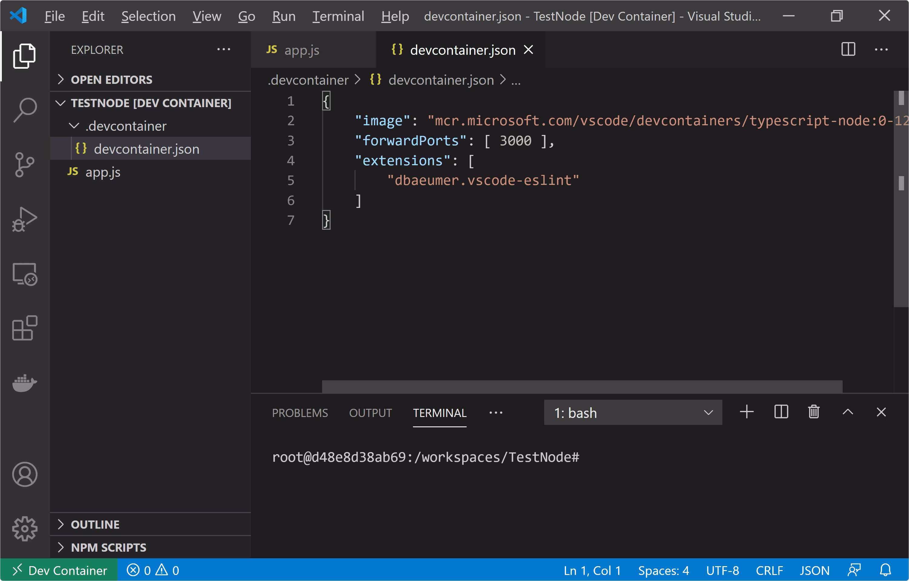 Dev Containers extension running a development environment inside a container in VS Code