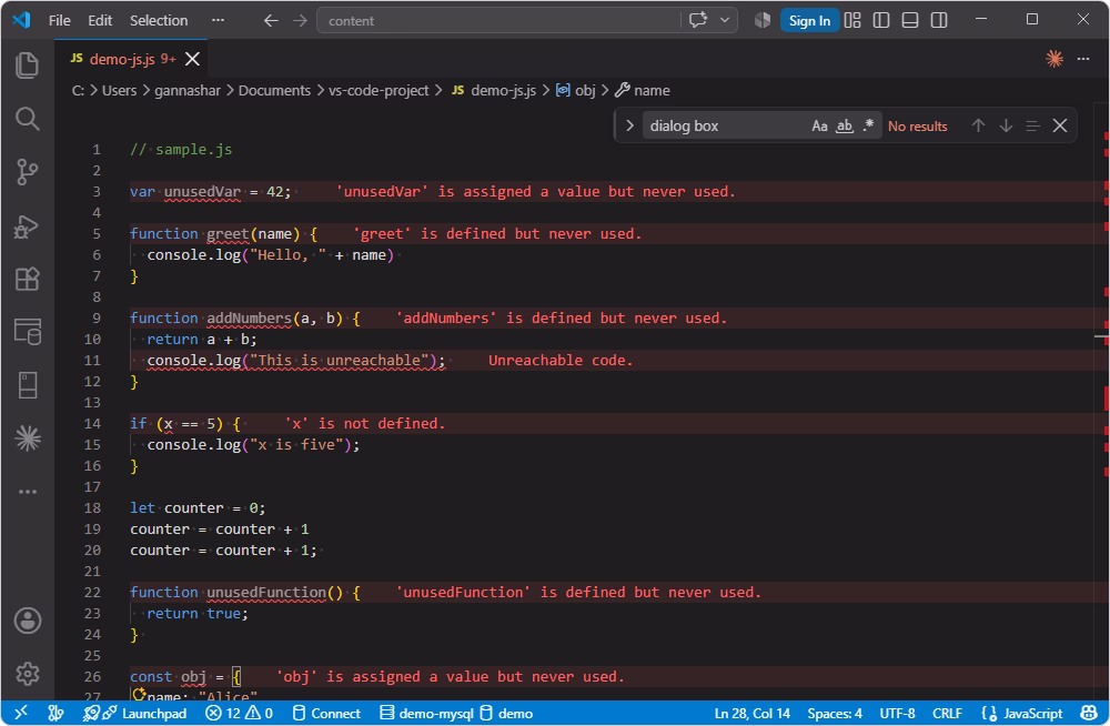 Error Lens extension highlighting errors and warnings inline in VS Code
