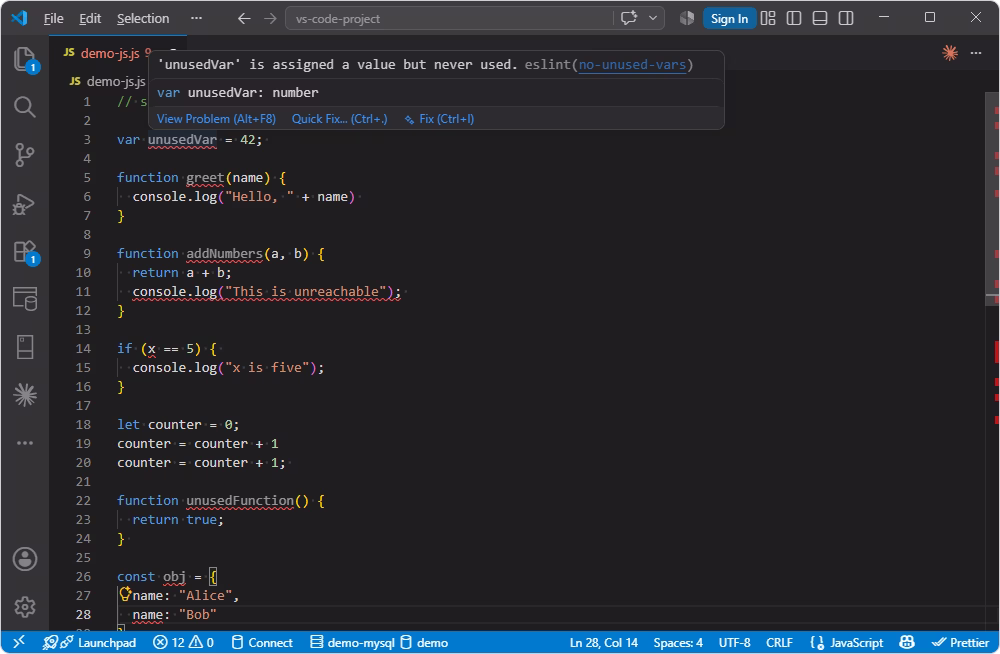ESLint extension displaying linting diagnostics in VS Code