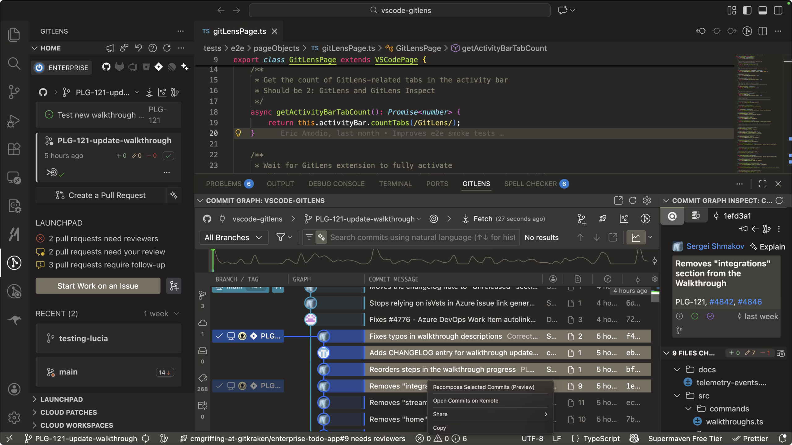 GitLens extension displaying commit history and blame annotations in VS Code