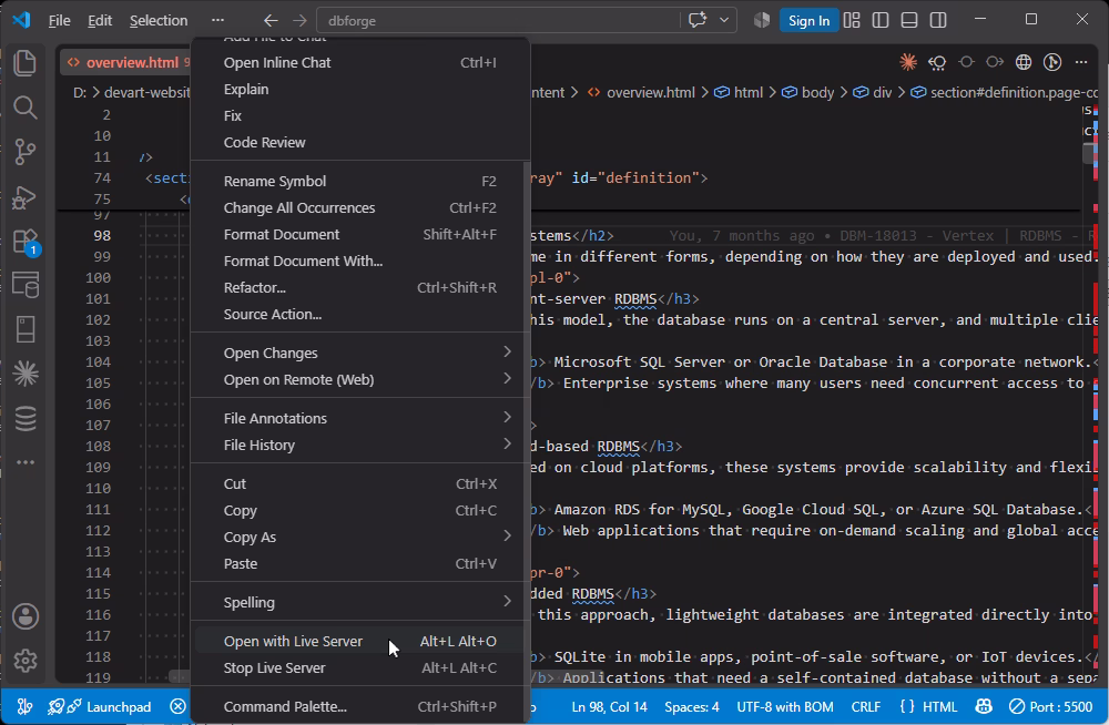 Live Server extension previewing a web page from VS Code