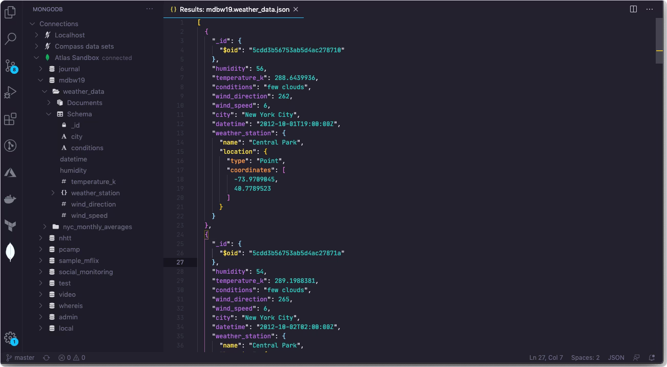 MongoDB for VS Code extension showing a collection