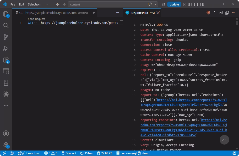 REST Client extension sending an HTTP request in VS Code