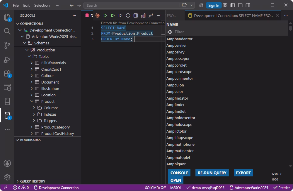 SQLTools extension displaying query results in VS Code