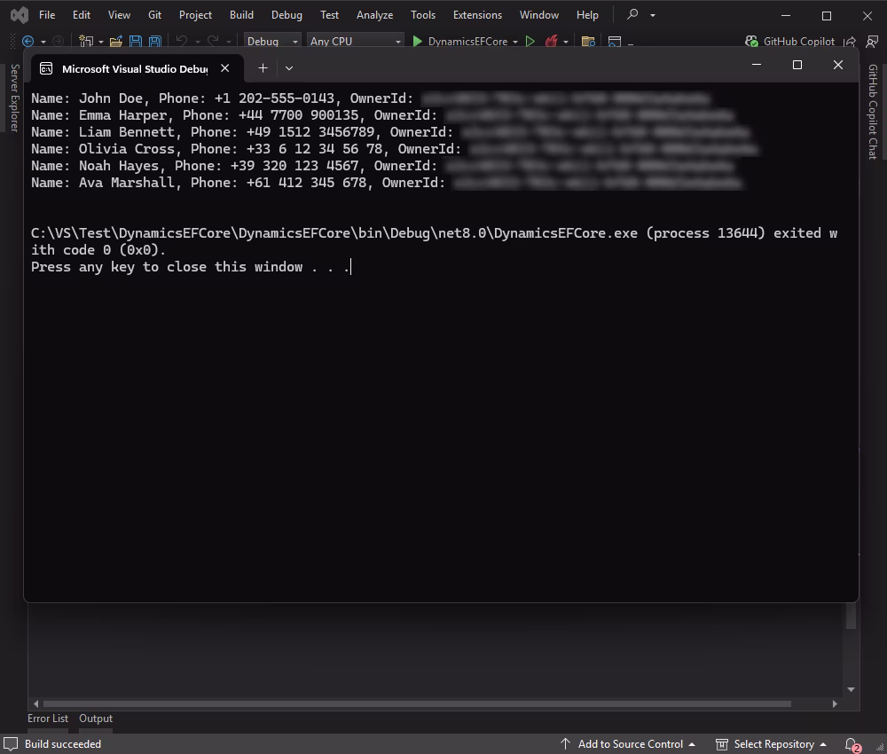 Read data from Dynamics 365: Console output