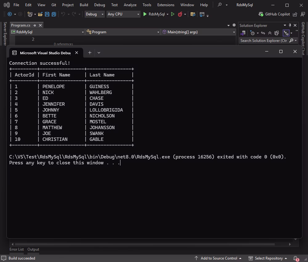 Read data in Amazon RDS for MySQL and display it in the console app