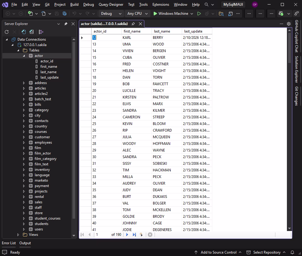 Data Explorer displaying MySQL tables