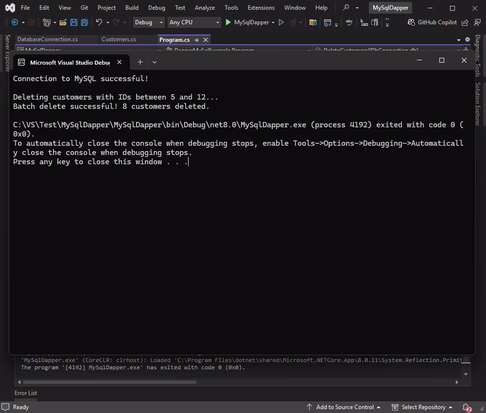 Successful output of the record deletion in the application