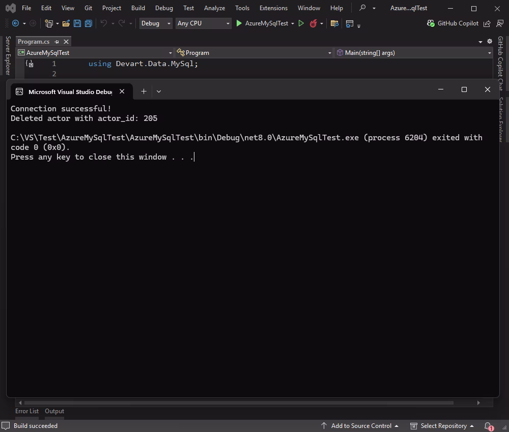Successful output of the record deletion in the application