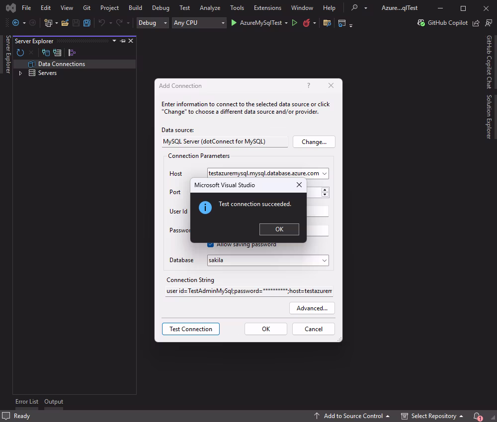 Enter MySQL credentials and test connections