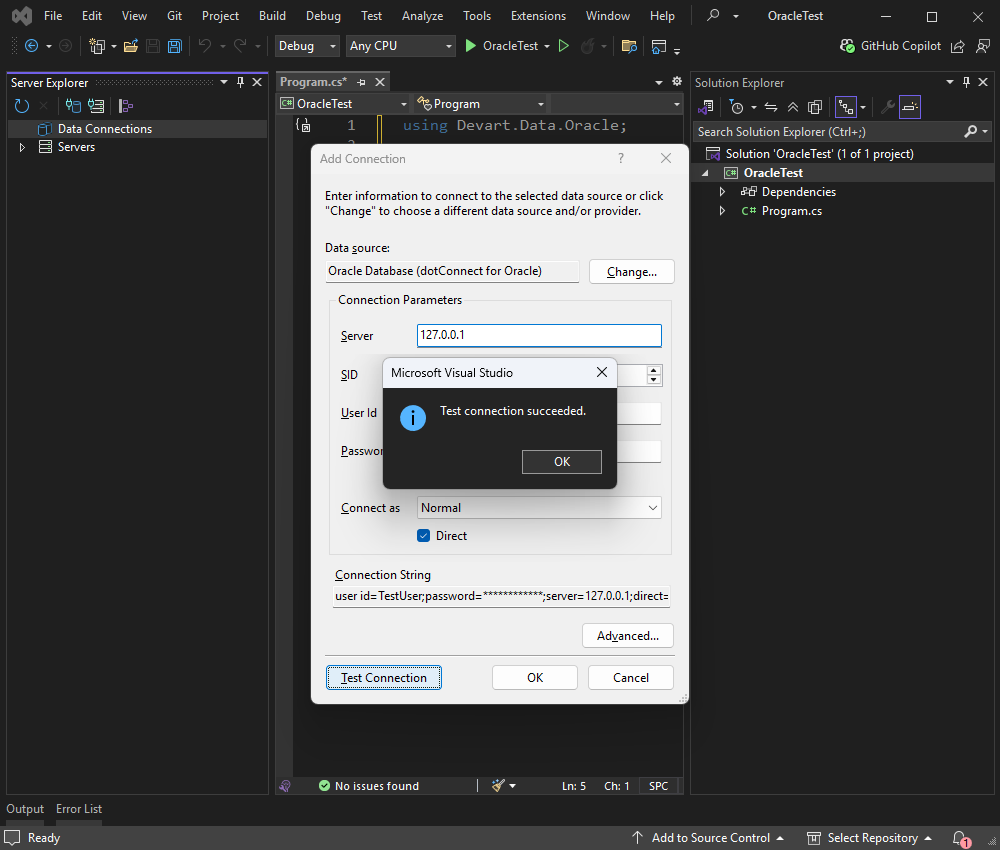 Test the connection to Oracle Database