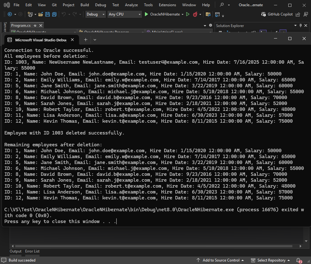 Debug console showing Oracle NHibernate delete employee output