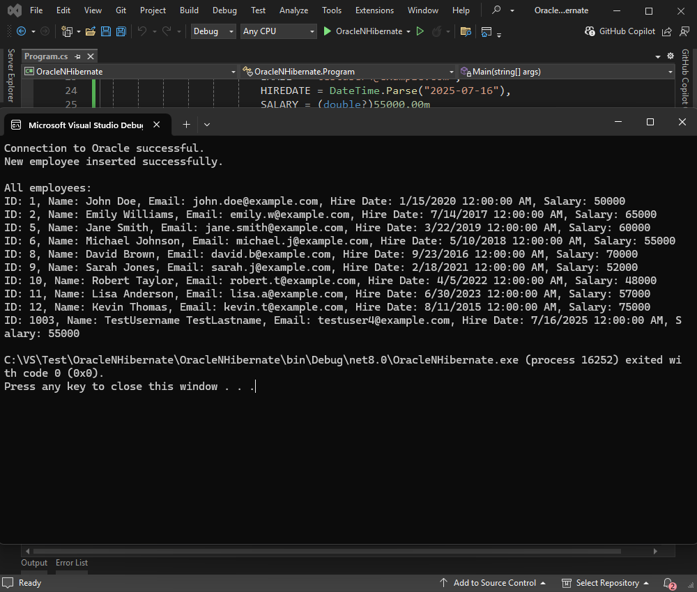 Debug console showing Oracle NHibernate output with inserted employee