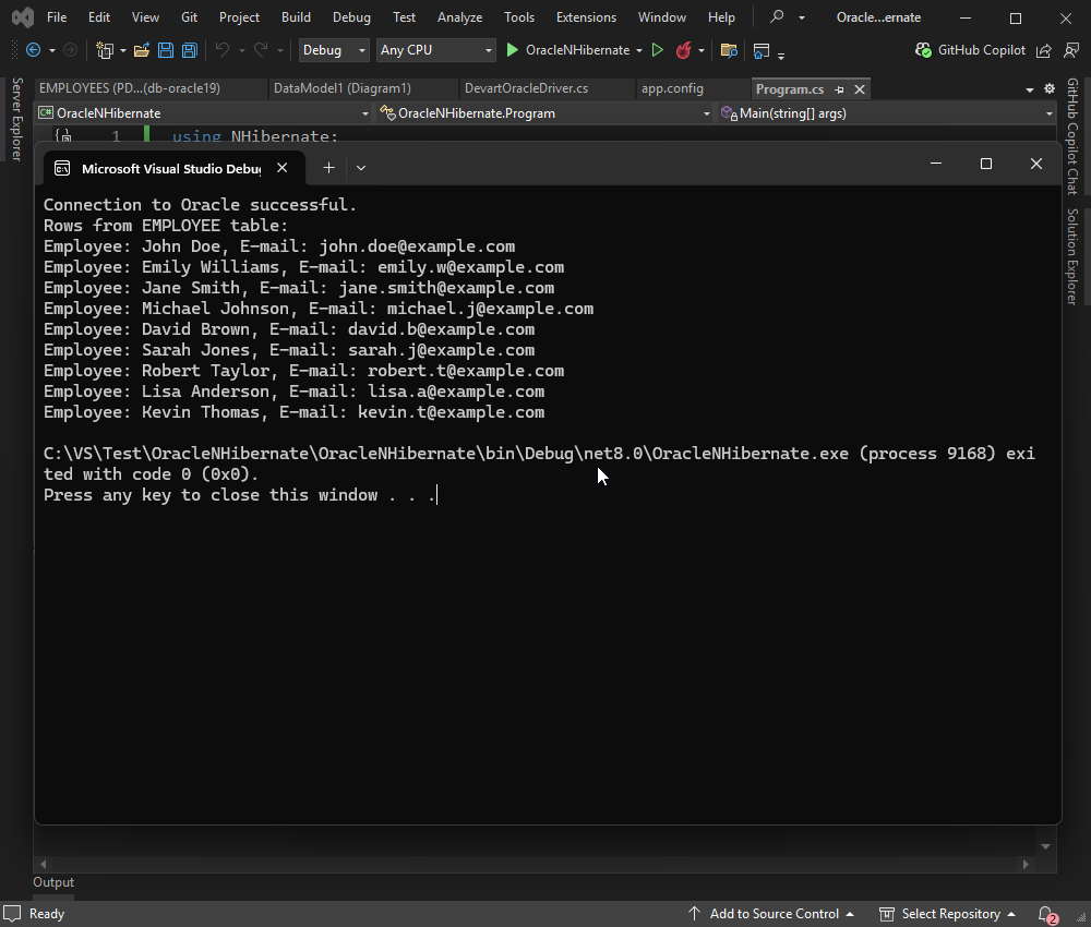 Debug console showing Oracle NHibernate output with employee records