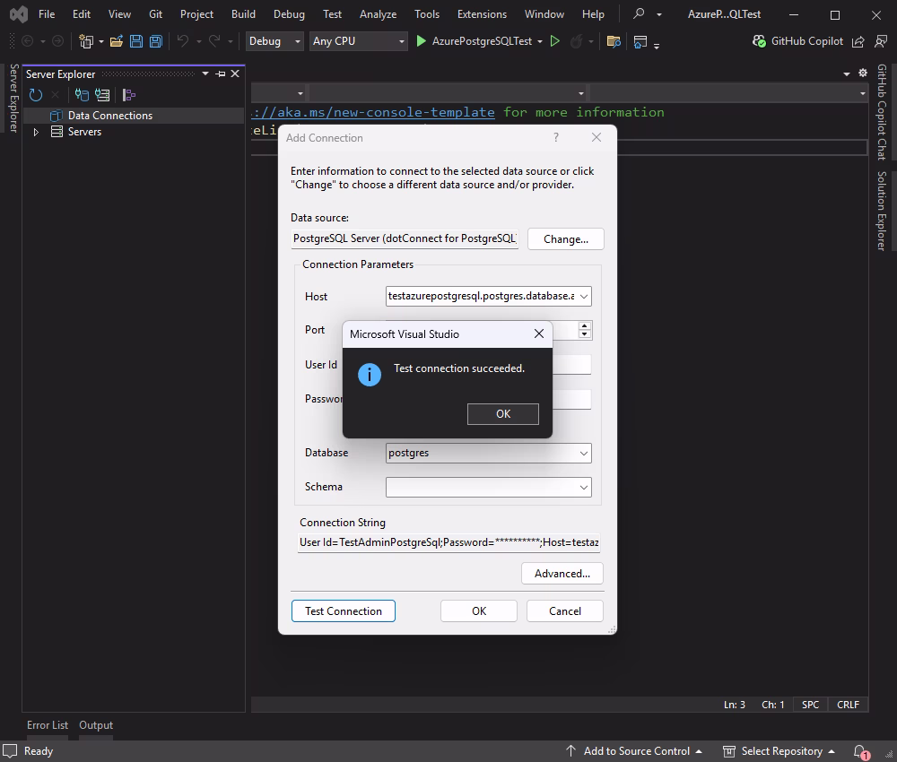 Successful connection to a PostgreSQL database in Azure
