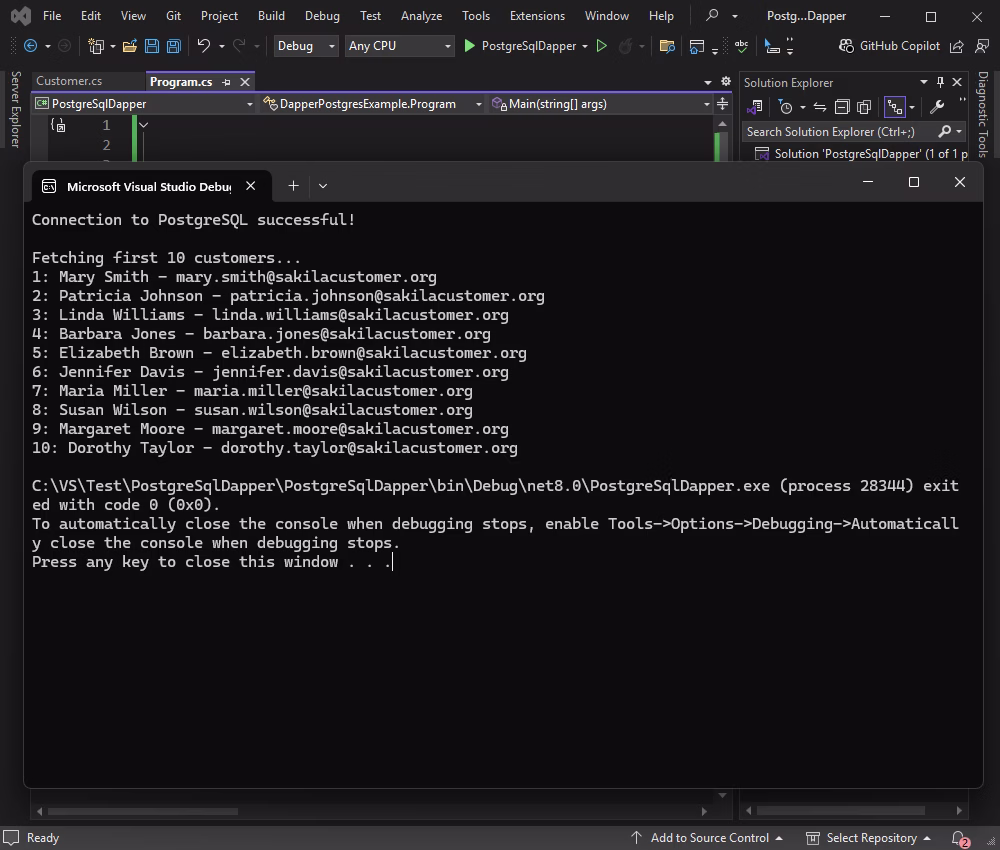 Fetch data from a PostreSQL database using Dapper