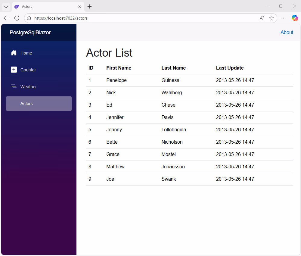 Retrieve data from PostgreSQL into the Blazor app