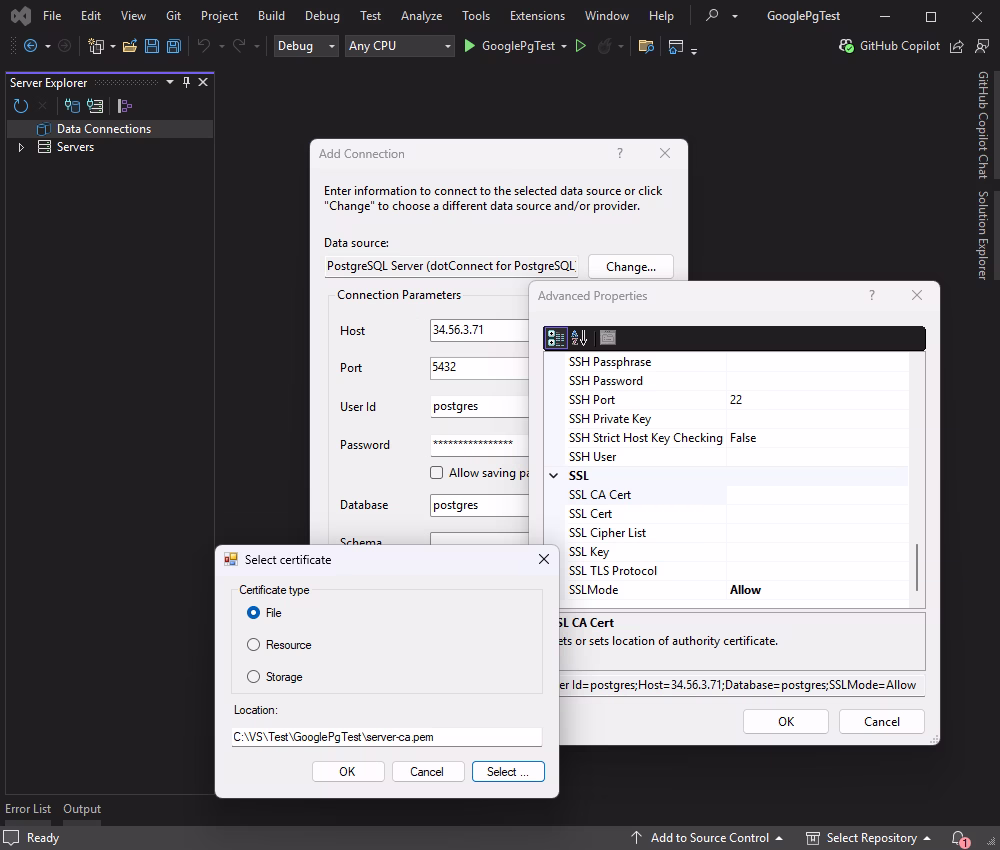 Provide the required information to enable an SSL connection for Google Cloud