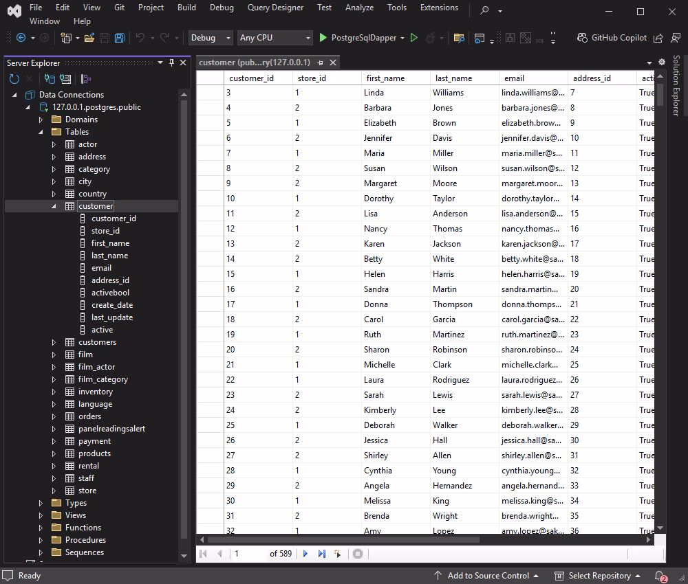 The customer table shown in Data Explorer