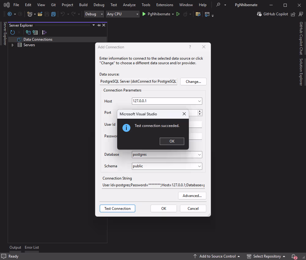 Test connection and connect to PostgreSQL