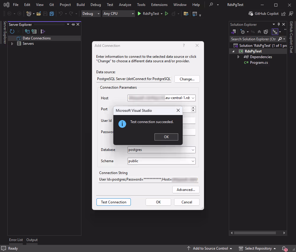 Successful connection to Amazon RDS for PostgreSQL