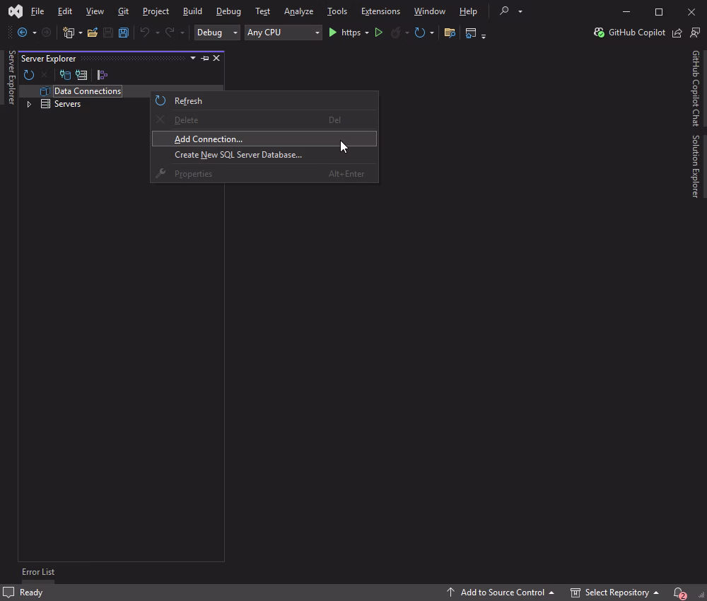 Add a connection in the built-in Data Explorer