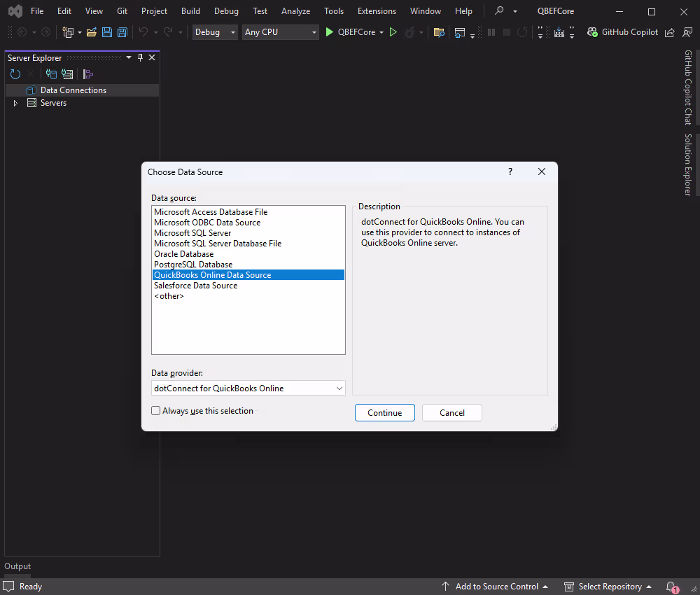 Select dotConnect for QuickBooks as the data source