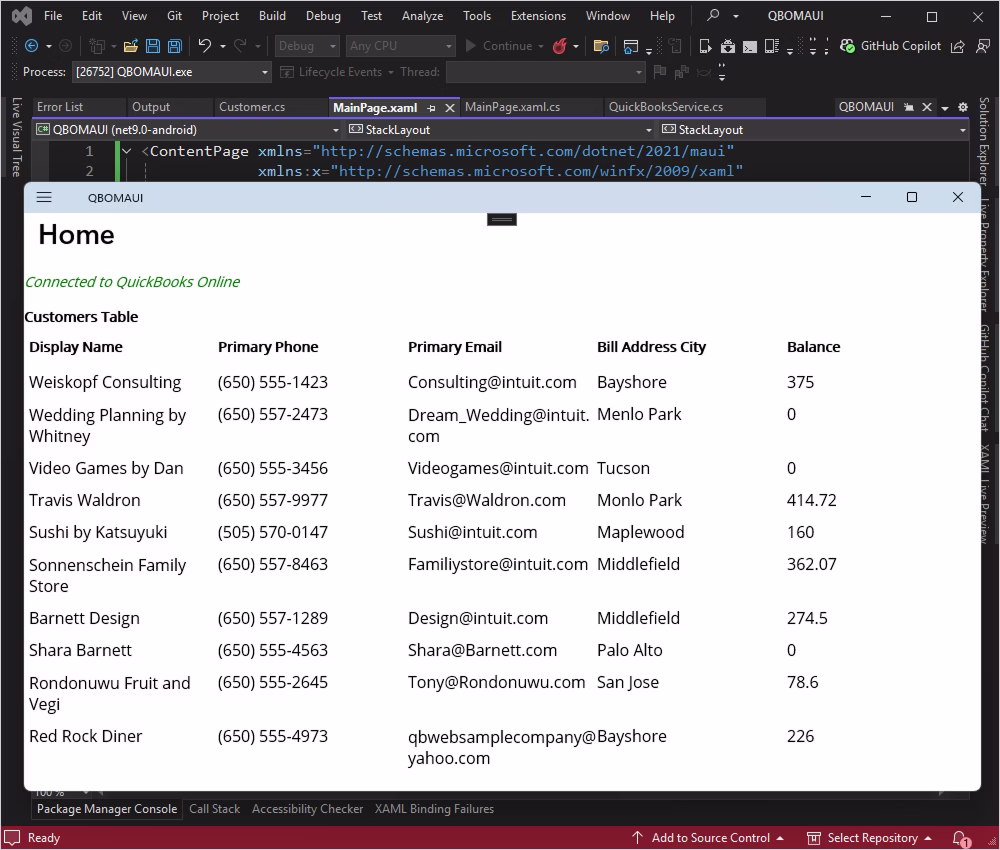 QuickBooks home page in the application