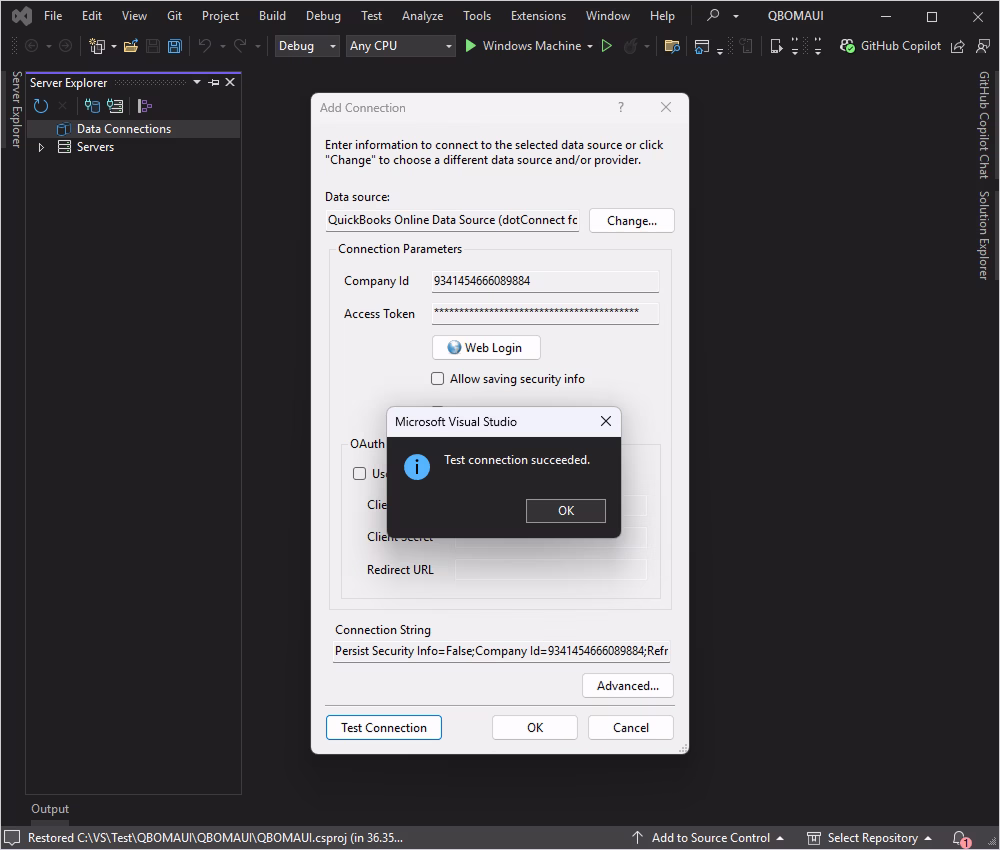 Test connection to Quickbooks Online