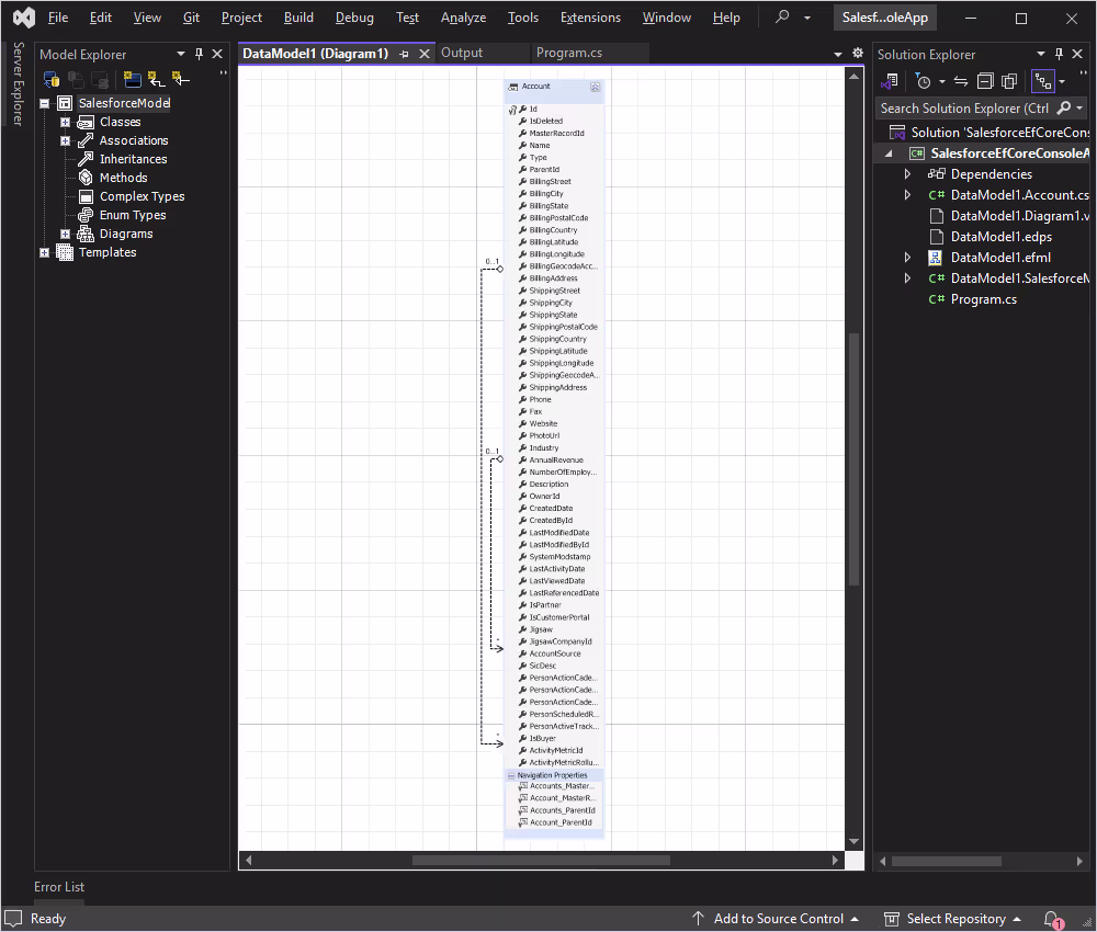 VIsual Studio with the created data model.