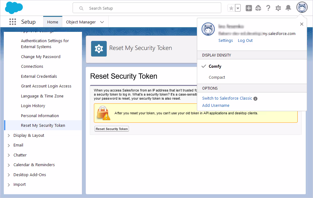 Reset the Salesforce Security API token