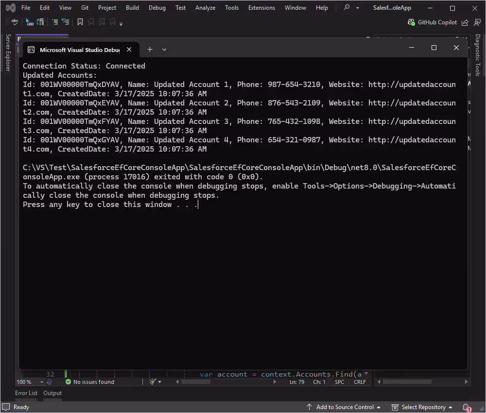The updated records displayed in Visual Studio Debug Console.